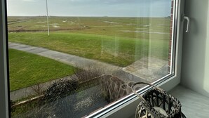 Een raam met kantgordijnen, een rieten mandje met lint en een uitzicht over een grasveld met een weg en een gebouw in de verte.