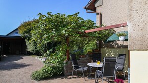 A patio area with a table and chairs, a hanging plant, and a brick pathway leading to a building. - Apartment 'Familie Perlik' with Wi-Fi (Röbel)