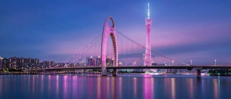 A bridge with a prominent arch and a tower in the background.
