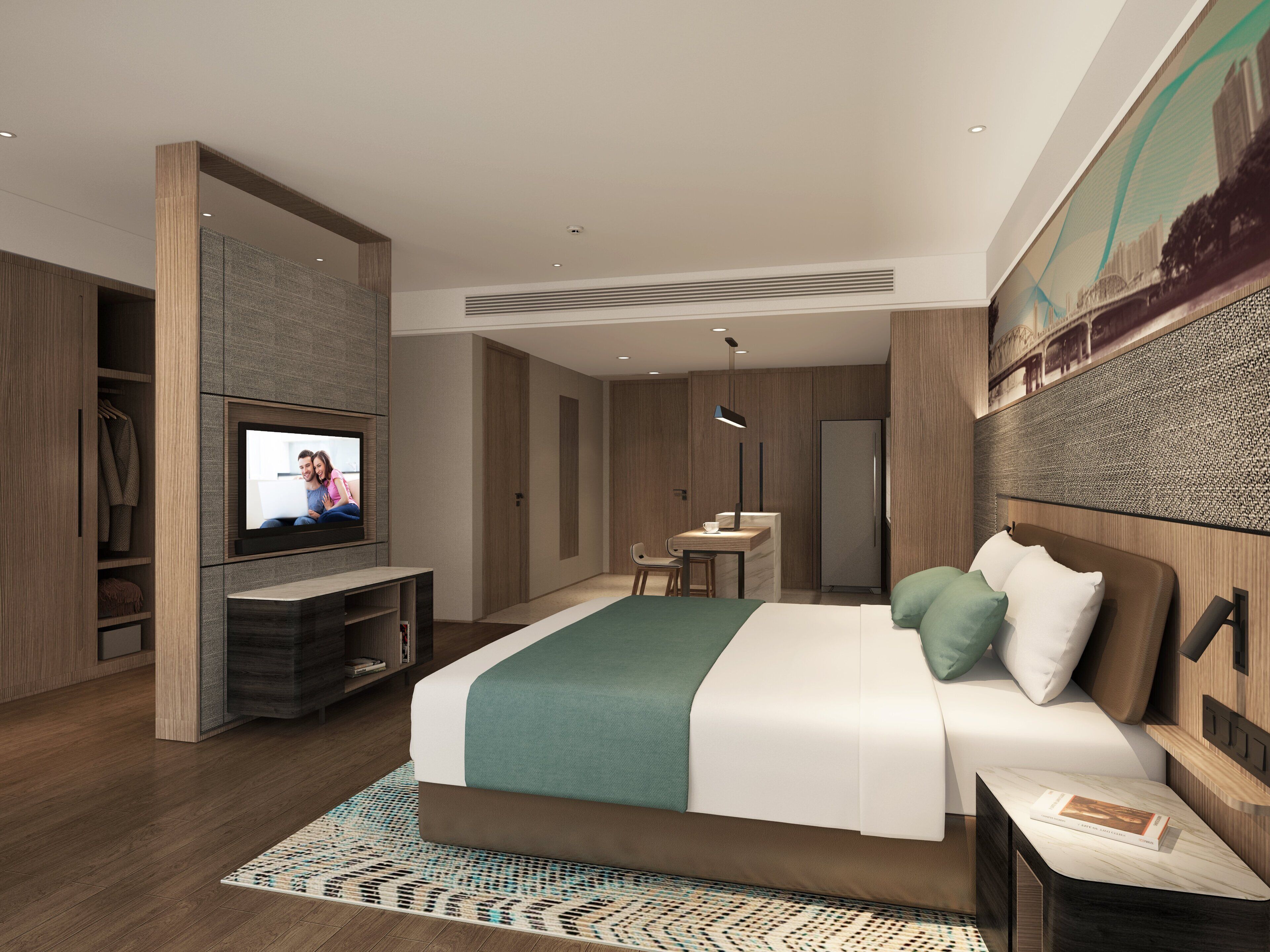 Una habitación de hotel moderna con una cama grande, un televisor montado en la pared, un escritorio con una silla y un ventanal con vistas a la ciudad.