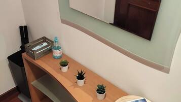 Une petite salle de bain bien rangée, avec un meuble-lavabo en bois, un miroir et une étagère contenant des articles de toilette et un livre.
