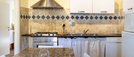 Fridge, microwave, stovetop, cookware/dishes/utensils