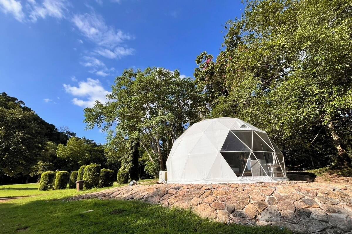 A geodesic dome structure with a stone base, surrounded by greenery and trees.