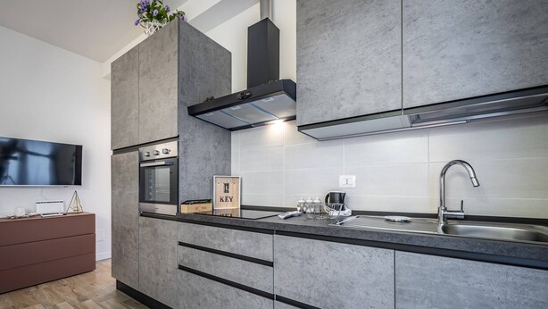 A modern kitchen with grey cabinetry, a stainless steel sink, and a built-in oven. - YiDCefalonia (Florence)