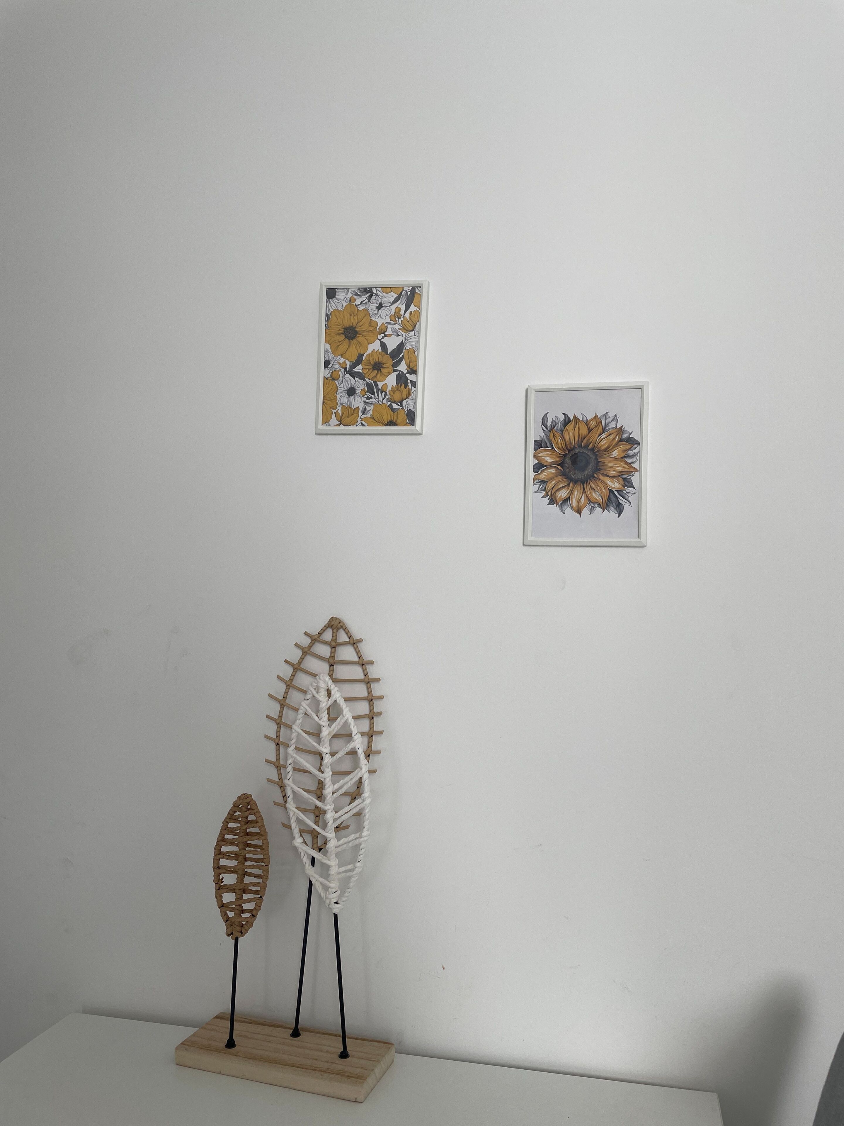 A wall with two framed artworks and a macrame plant stand.