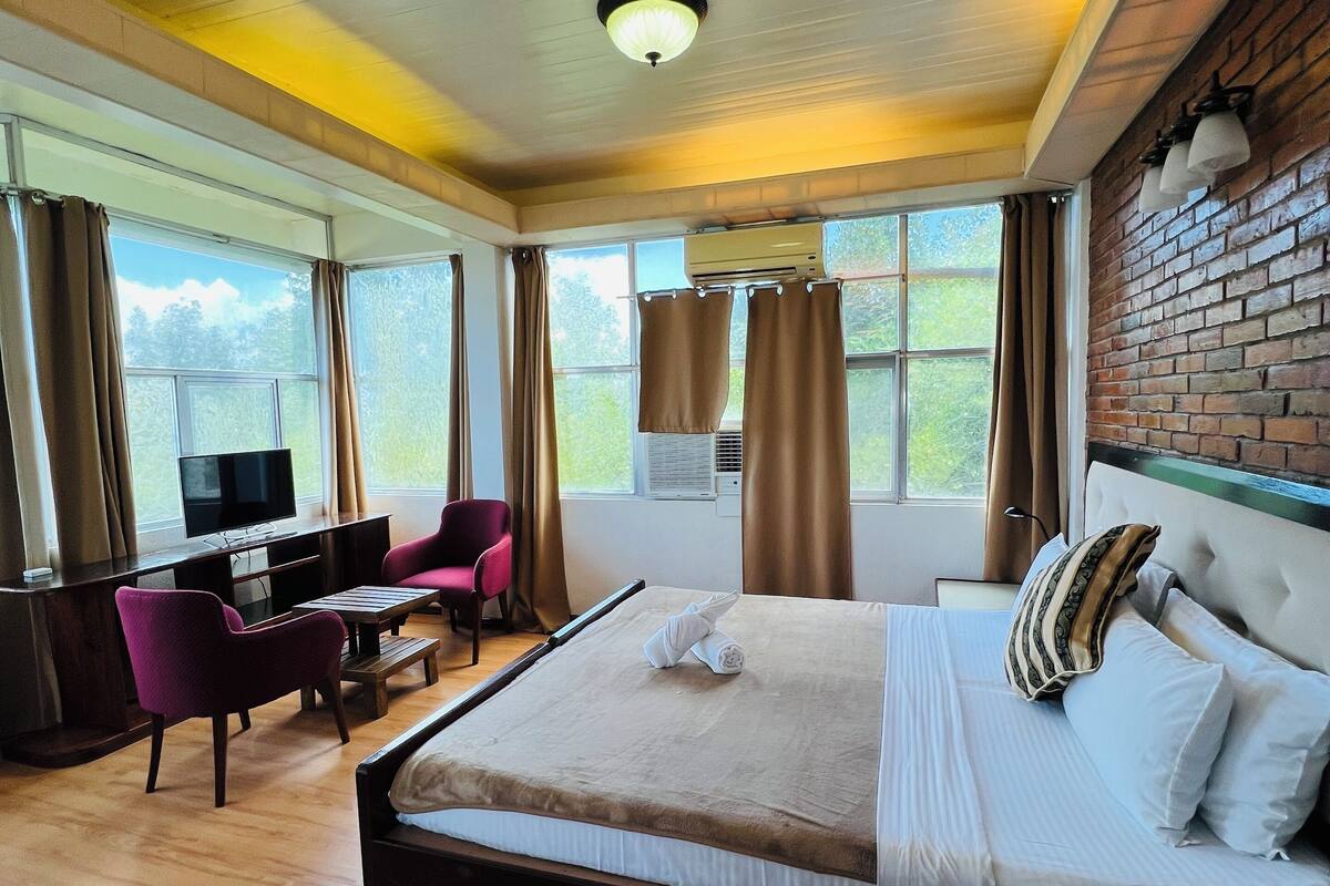 A hotel room with a large bed, a desk with a chair, a television, and a view of greenery outside.