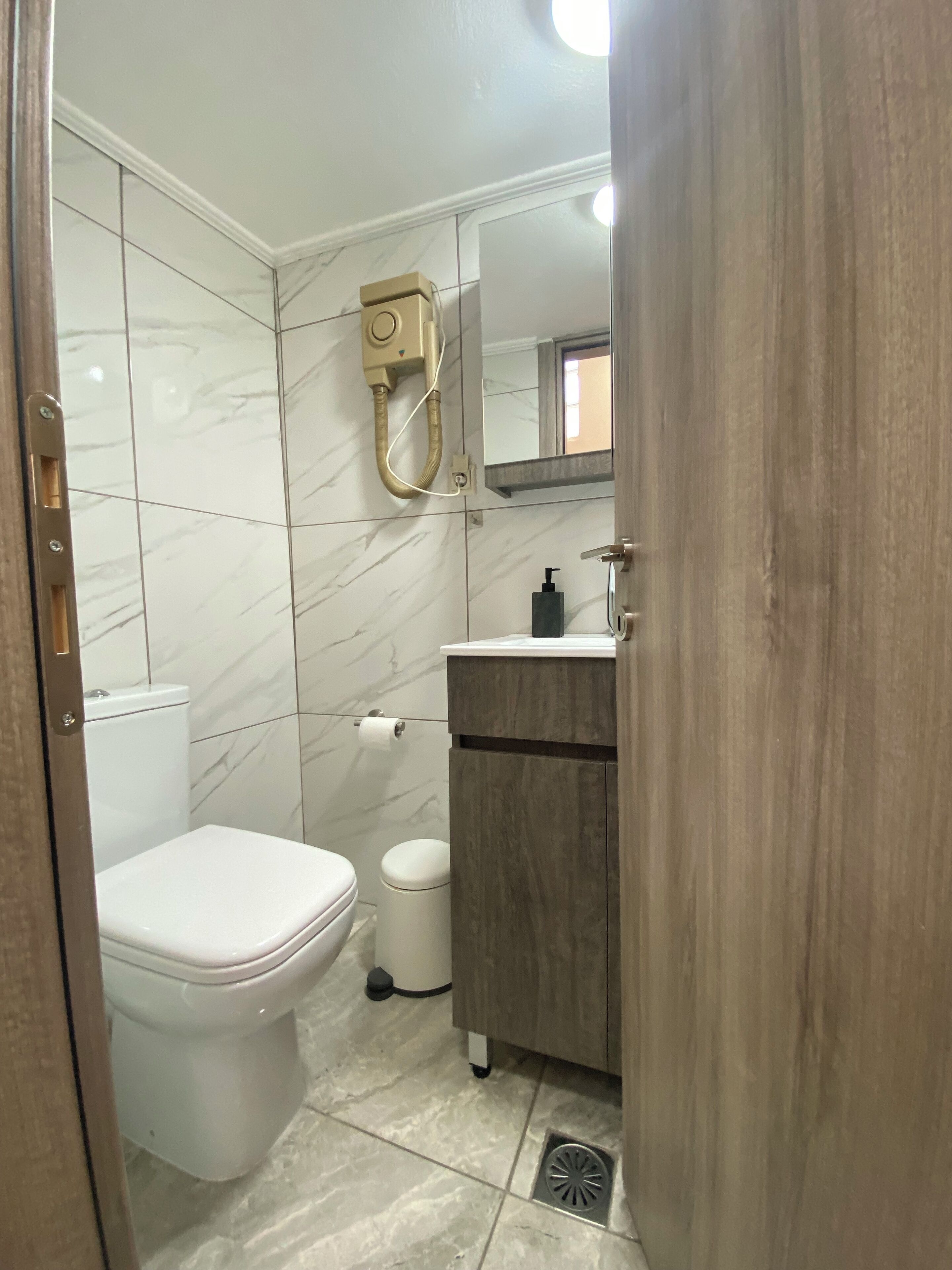 A bathroom with a toilet, a sink, a mirror, and a shower.