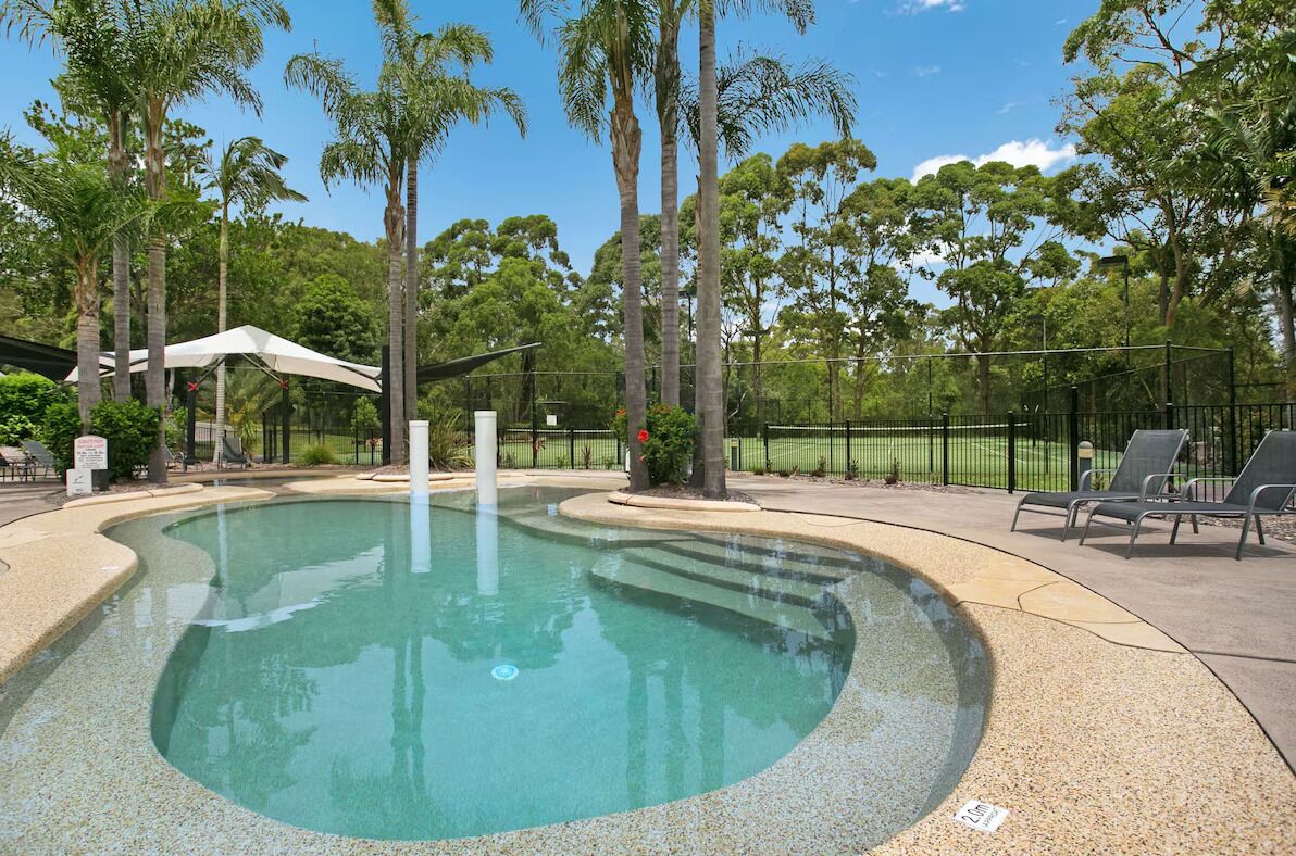 A swimming pool with a curved edge, surrounded by a fence, and shaded by palm trees.
