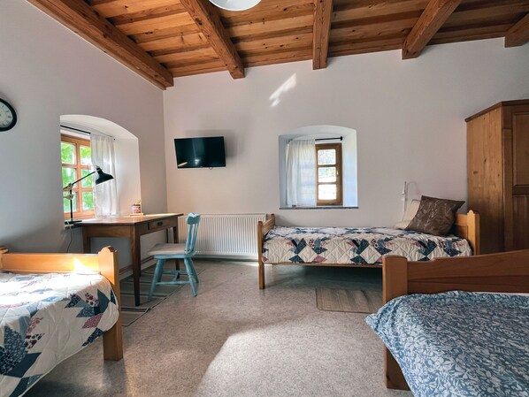 A bedroom with two beds, a desk, a chair, a TV, and a window. - Vineyard cottage Kovačnica (Semic)