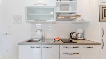 Standard Apartment | Private kitchen | Full-size fridge, microwave, stovetop, electric kettle