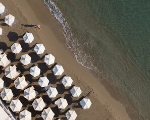 On the beach, sun-loungers, beach towels