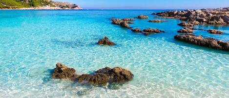 Vlak bij het strand, ligstoelen, strandlakens