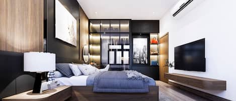 A modern bedroom with a large bed, bedside tables, a TV, and a wardrobe with illuminated shelves.