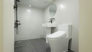 Hair dryer, bathrobes, slippers, towels
