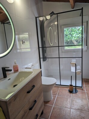 Hair dryer, towels, soap, toilet paper