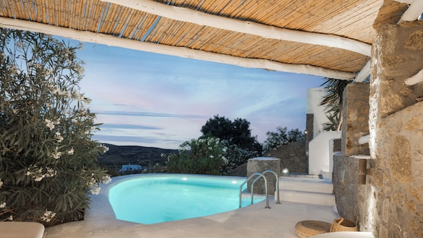 Une piscine dotée d’un mur en pierre et d’un plafond en bois, entourée de plantes et offrant une vue sur le paysage.