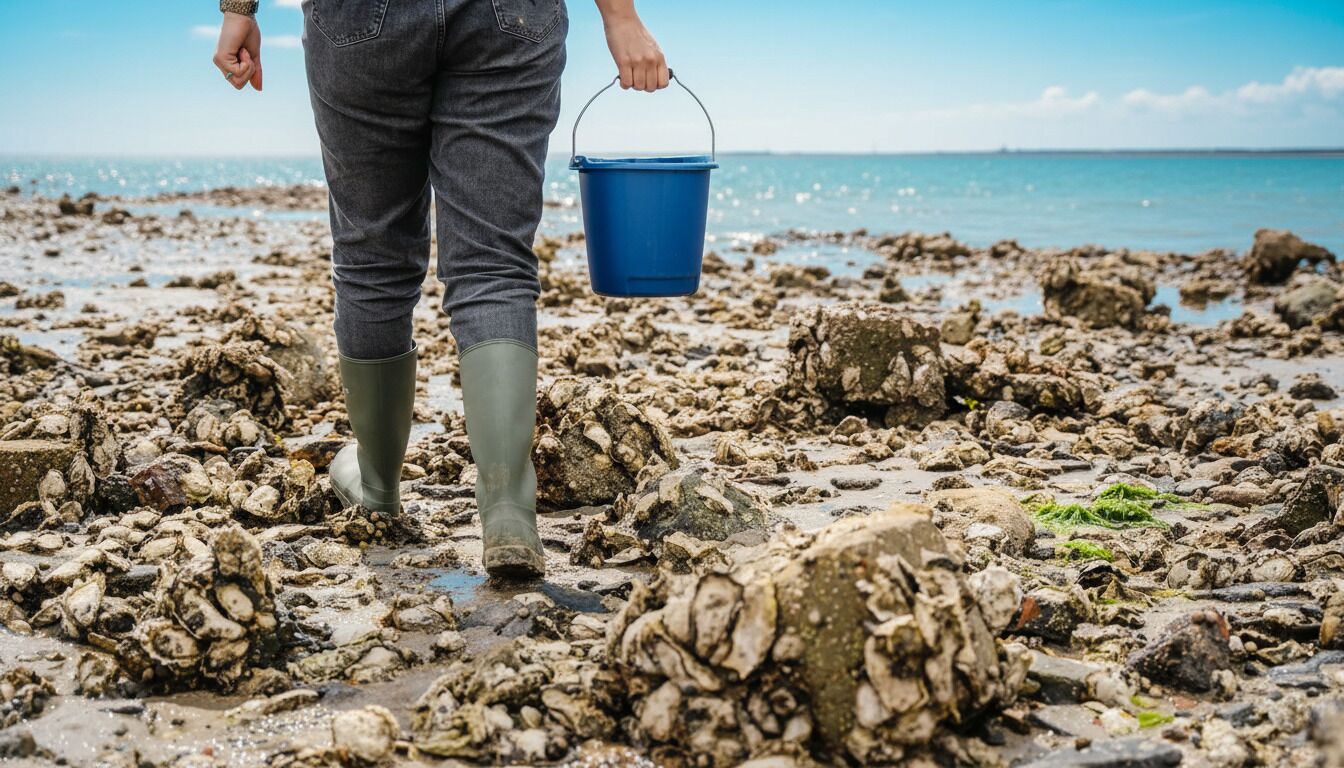 A person walking on a rocky beach holding a blue bucket.