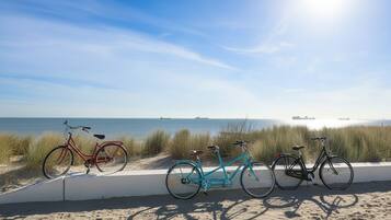 Tres bicicletas estacionadas en una playa arenosa, con un cielo despejado y un mar tranquilo al fondo.