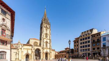 Una plaza histórica con una catedral destacada que presenta una intrincada arquitectura gótica, una amplia zona abierta y edificios circundantes con fachadas variadas.