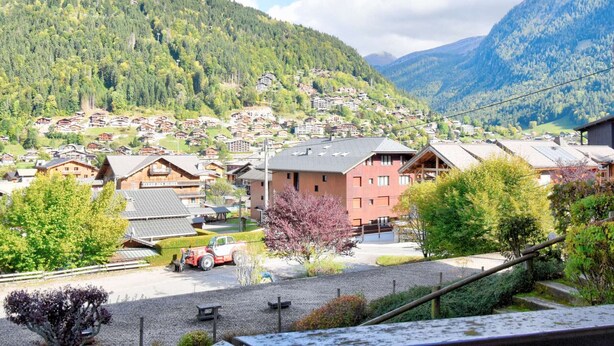 A mountain village with traditional wooden houses, a red building, and a clear view of the surrounding forest and mountains.