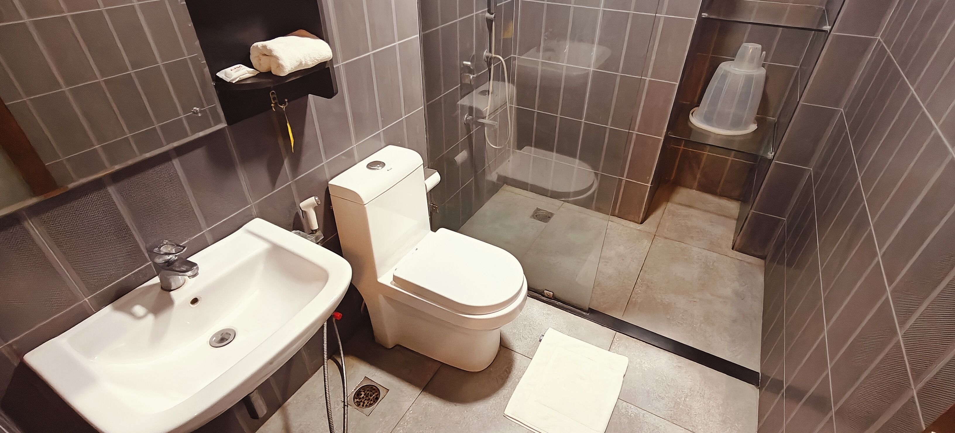 Ein Badezimmer mit Waschbecken, Toilette und Duschbereich.