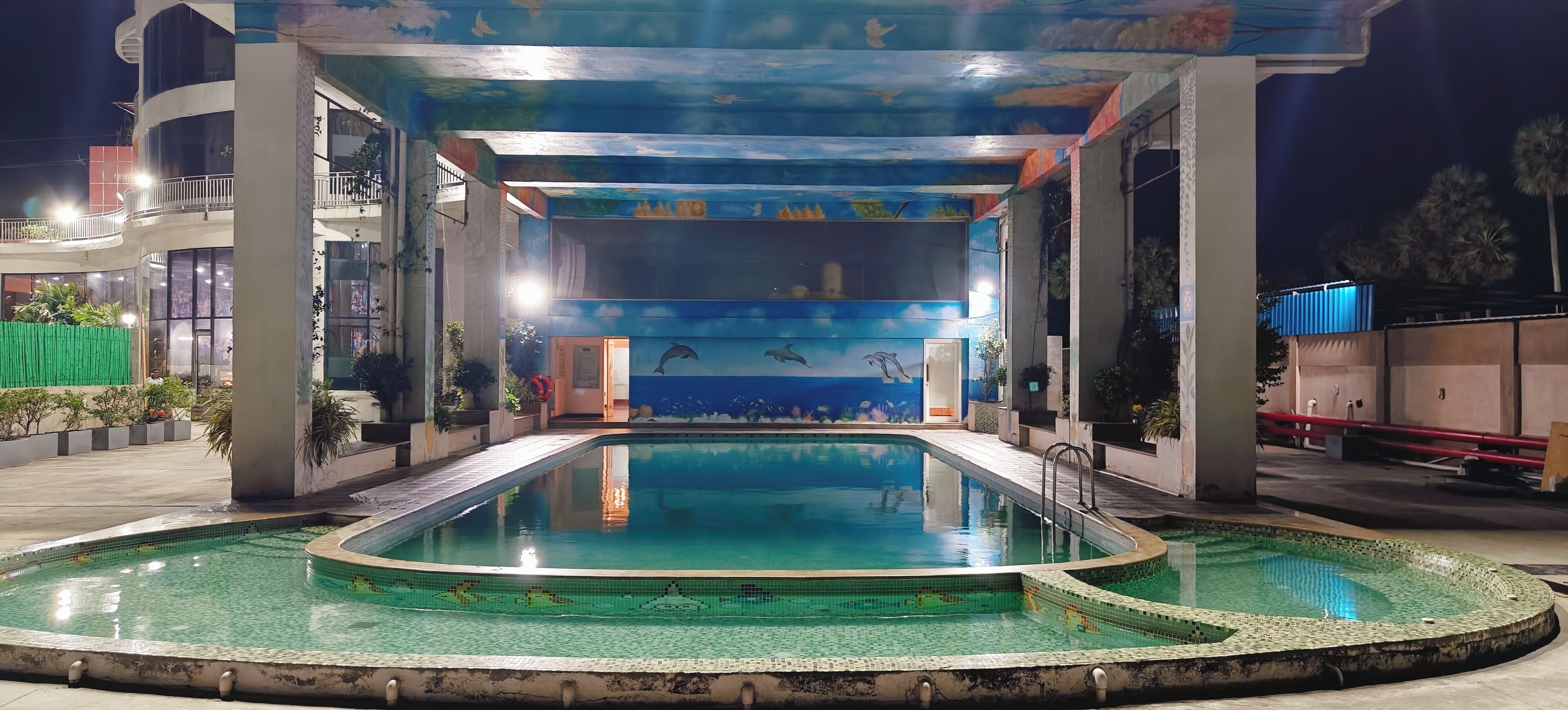 Uma piscina com um mural de golfinhos, cercada por um edifício com teto azul e vista para o céu.