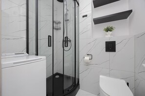 Shower, hair dryer, towels, shampoo
