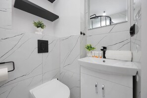 Shower, hair dryer, towels, shampoo