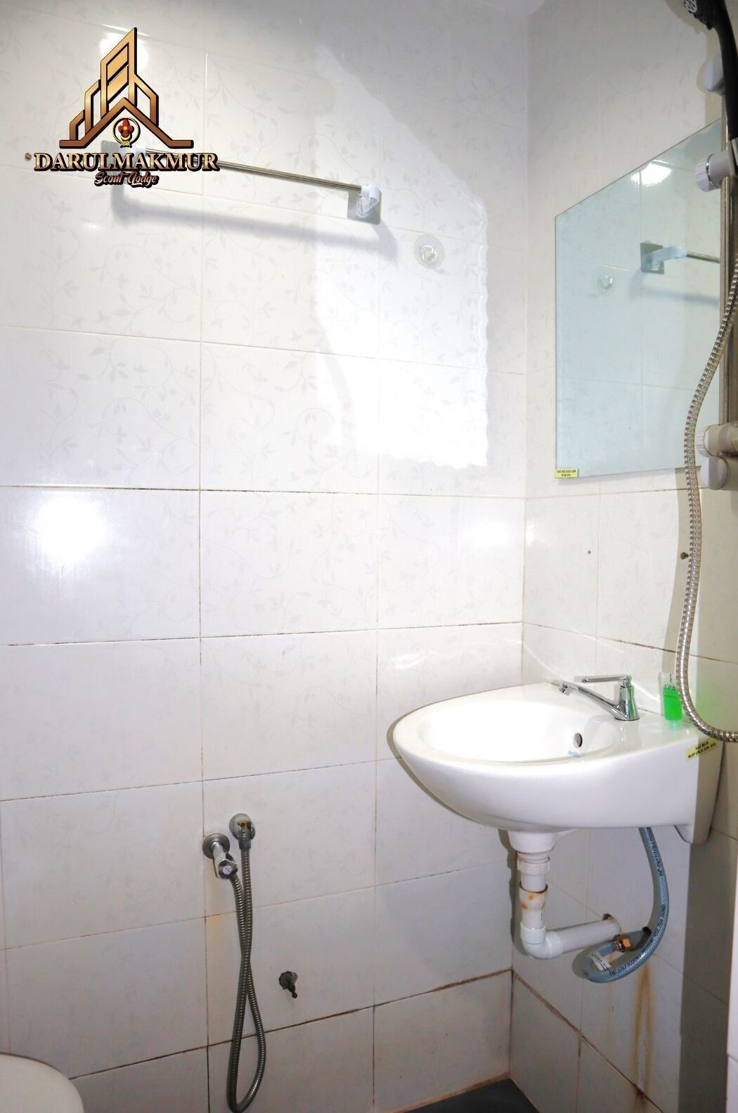 Une salle de bain avec un lavabo blanc, une douchette à main et un porte-serviettes.