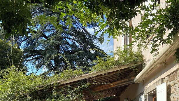 Un patio exterior con pérgola, paredes de piedra y zona de barbacoa.