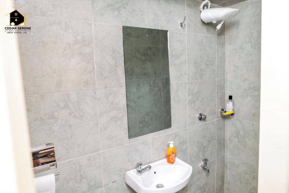 A bathroom with a large mirror, a sink, a shower, and a towel rack.