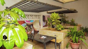 Een kamer met een glazen tafel, een bank en potplanten.