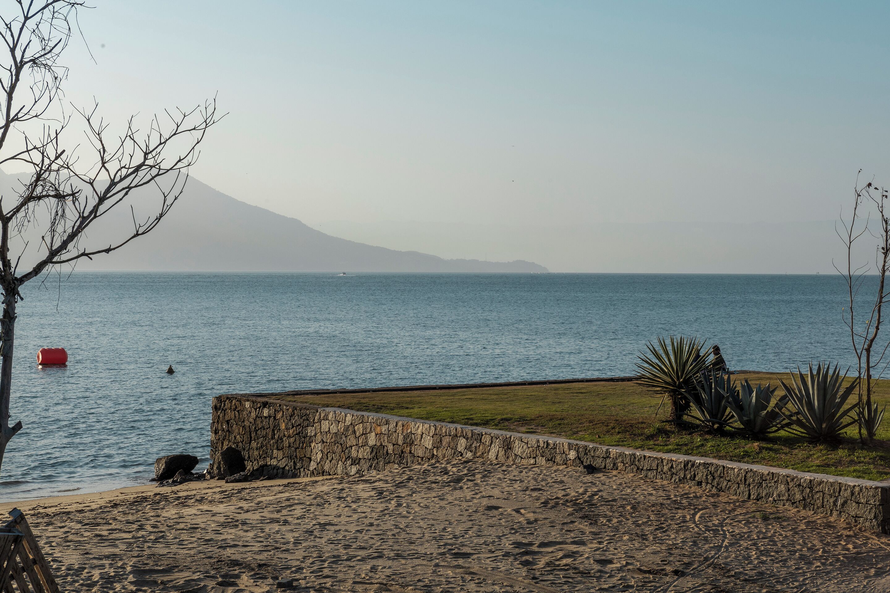 A beach with a stone wall, a grassy area with agave plants, and a clear view of the sea and a distant mountain.