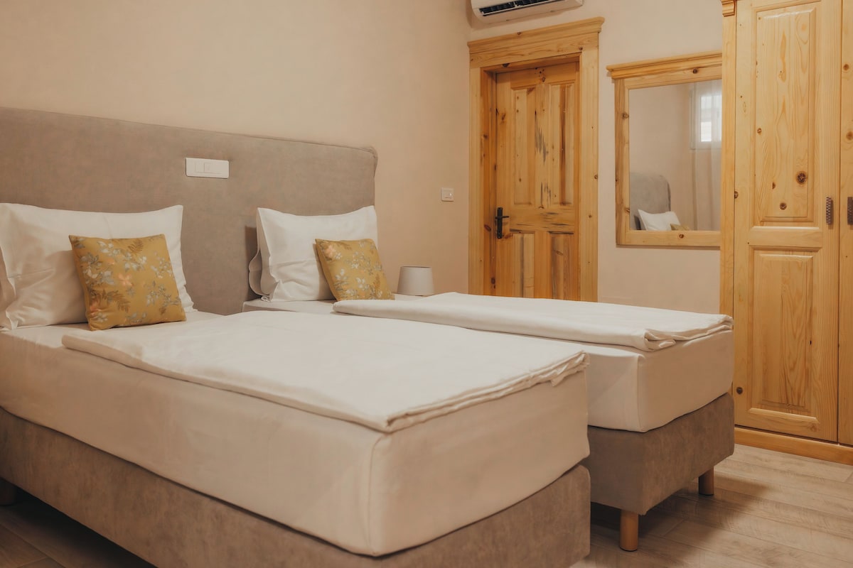 A double bed with a headboard, two pillows, a bedside table, and a wooden wardrobe with a mirror.