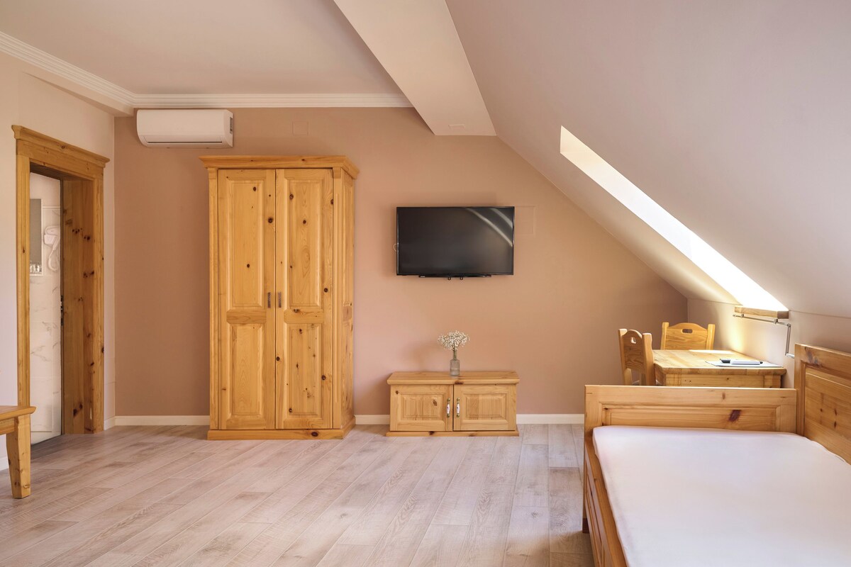 A bedroom with a bed, a wooden wardrobe, a TV, a desk with a chair, and a skylight.