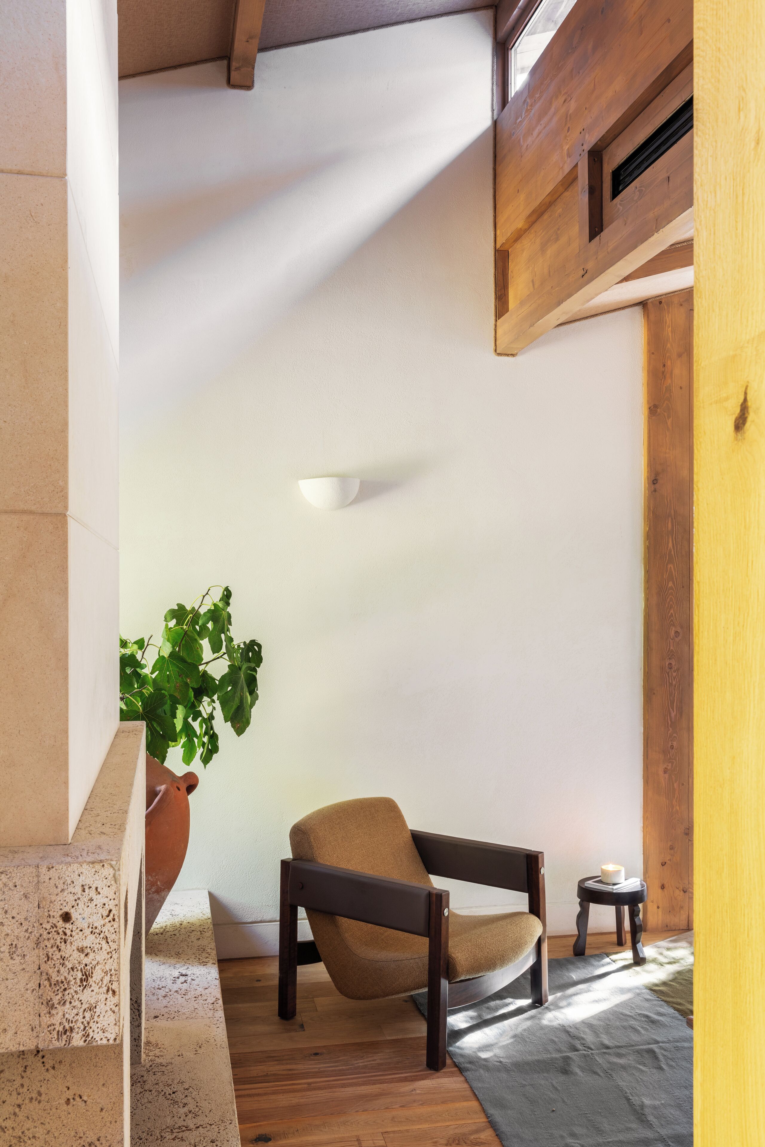 A room with a wooden chair, a potted plant, and a small table with a cup.