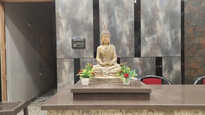Una statua di Buddha su un piedistallo con due piante in vaso.