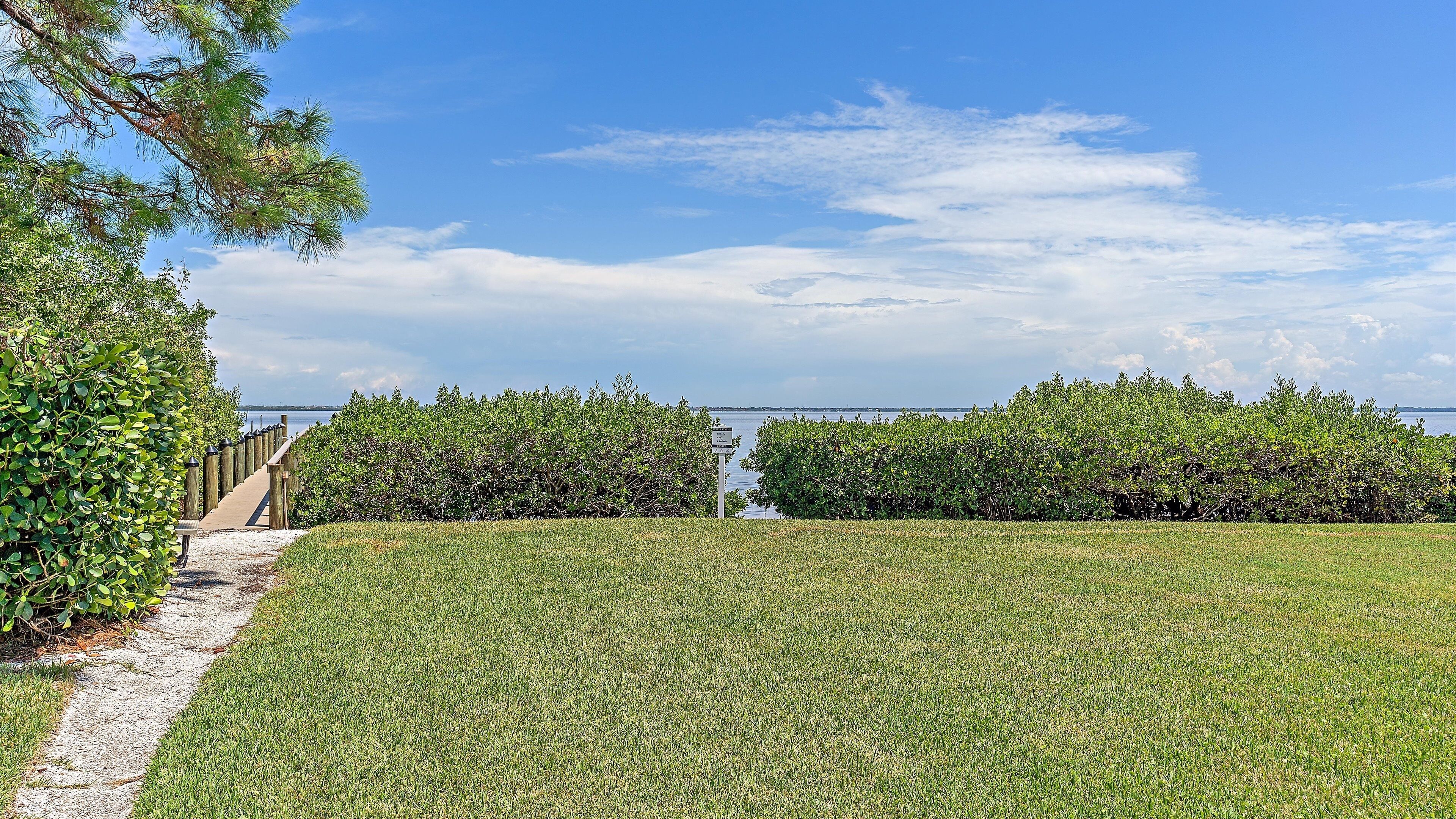 A grassy area with a pathway leading to a body of water, surrounded by dense foliage and a clear sky.