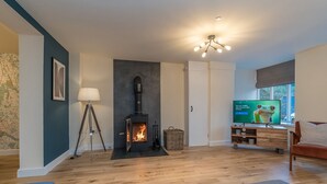 A modern living room with a wood-burning stove, a television, and a map on the wall.
