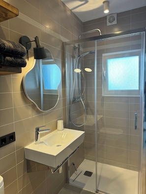 Shower, hair dryer, towels, toilet paper