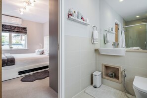 Hair dryer, bidet, towels, soap