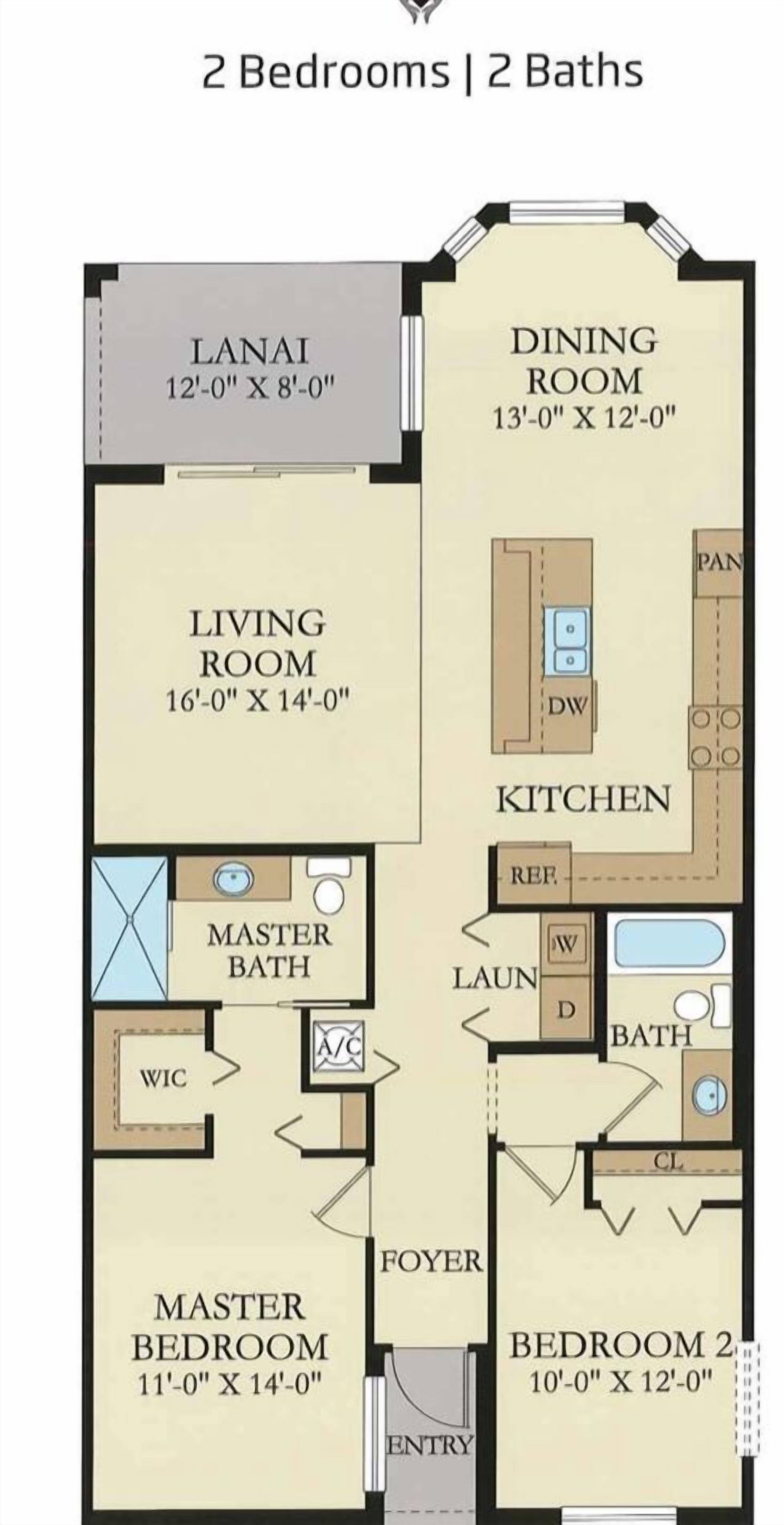 A 2-bedroom, 2-bathroom apartment layout with a lanai, dining room, kitchen, master bedroom, master bathroom, living room, and two bedrooms.
