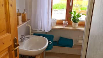 Shower, towels, soap, toilet paper