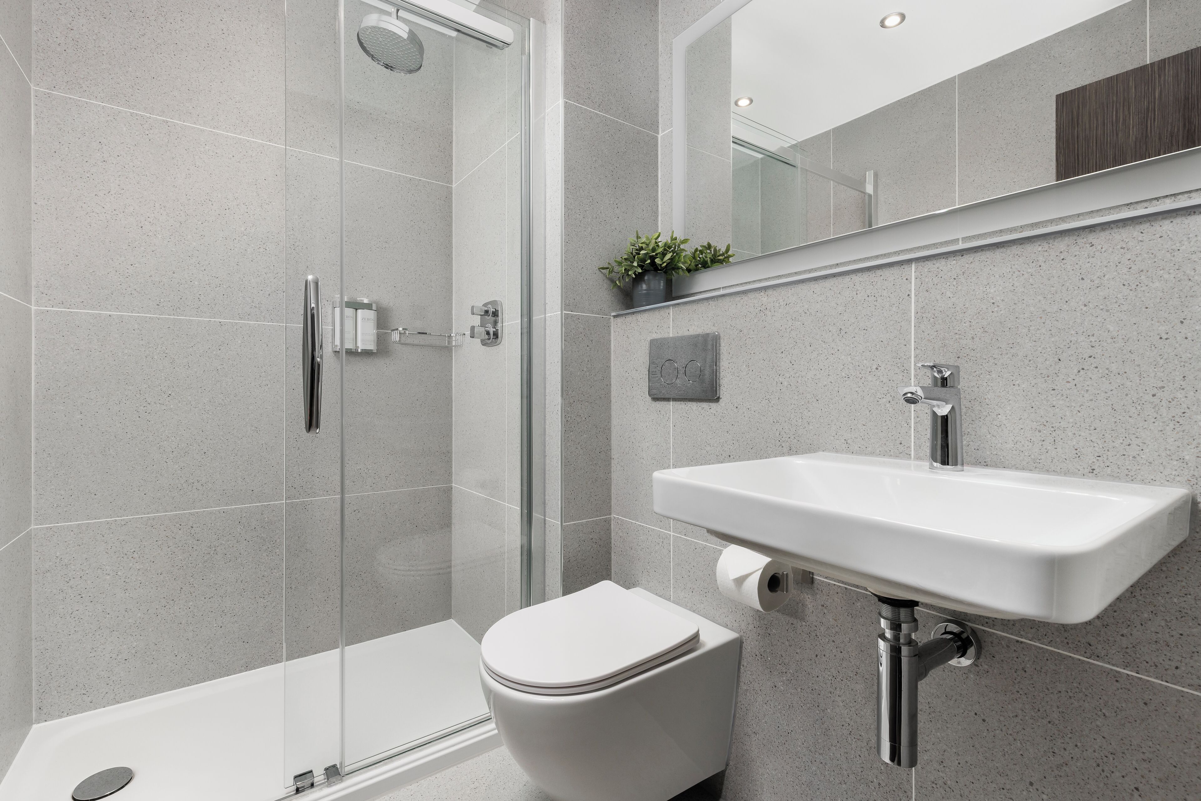 Eco-friendly toiletries, hair dryer, towels, soap