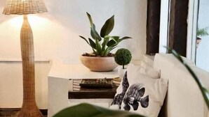 A cozy living room with a white sofa, a floor lamp, and a potted plant. -  Peixe Crew Centro (Búzios)