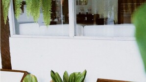 A room with a white cushioned bench, two terracotta pots with green plants, and a window with a view of the outside. -  Peixe Crew Centro (Búzios)