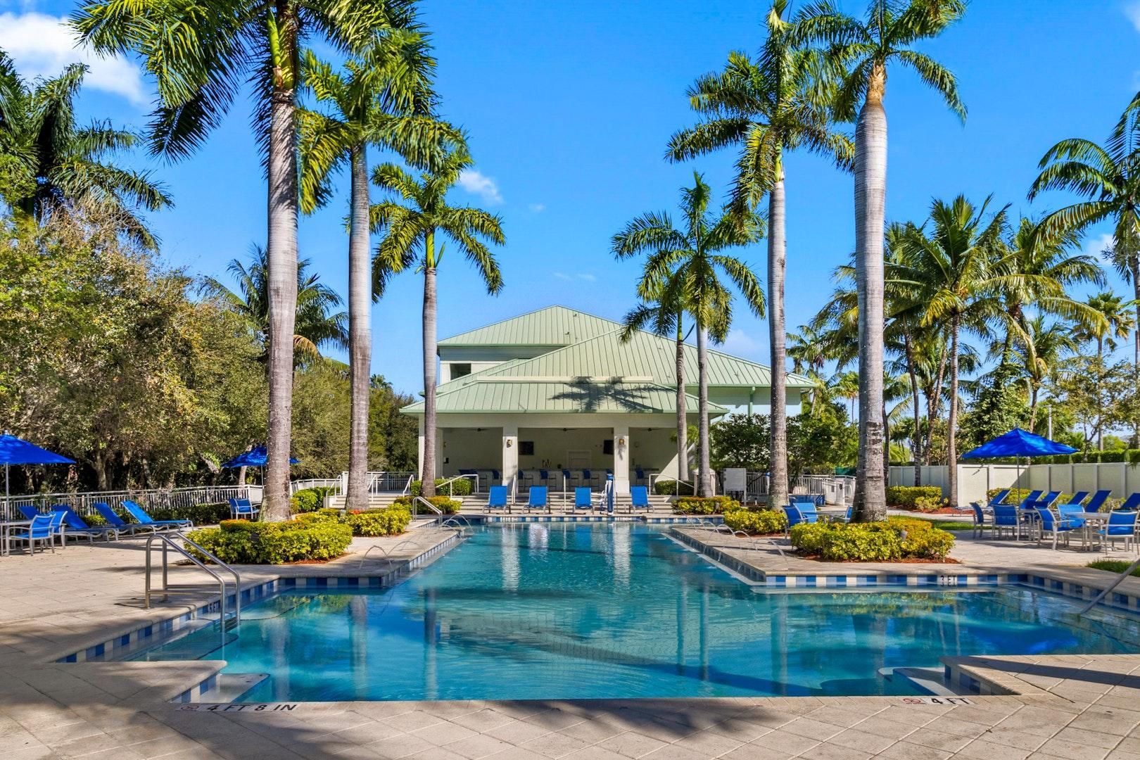 Ein Poolbereich mit Liegestühlen und Palmen.