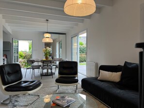 TV connectée, cheminée, livres