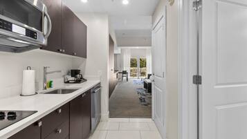 Fridge, microwave, dishwasher, coffee/tea maker