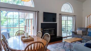 Smart TV, chimenea, reproductor de DVD y libros